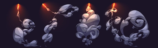 Vector gratuito conjunto de cohetes volando con rastro de humo aislado en fondo negro ilustración de dibujos animados vectoriales de ataque de misiles o bombas con fuego y nubes de vapor gris diseño de estilo cómic de vórtice de polvo abstracto