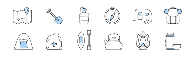 Conjunto de colección de iconos de doodle de camping y senderismo