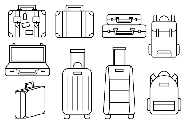 Conjunto y colección de iconos de equipaje. mochila, bolso, maleta, maletín, bandolera, trolley, bolsa de viaje. iconos de línea delgada. icono de trazo editable. ilustración vectorial Vector Premium 