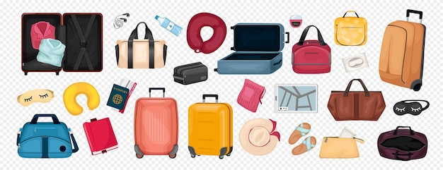 Conjunto de color de dibujos animados de viaje de bolsas maletas sobre ruedas y accesorios turísticos en ilustración de vector aislado de fondo transparente