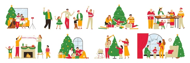 Vector gratuito conjunto de color plano navideño de miembros de la familia cocinando platos festivos decorados con pino celebrando la fiesta juntos ilustración vectorial