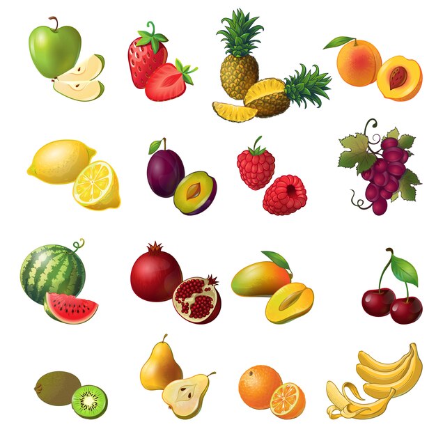 Conjunto de colores aislados de frutas con frutas y bayas de varios colores y tamaños