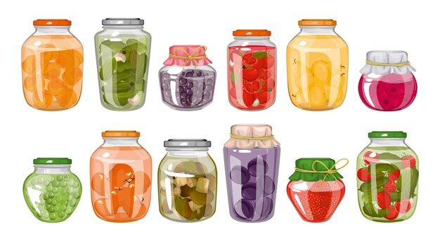 Conjunto de colores de alimentos enlatados caseros de frascos cerrados con compota de mermelada y verduras encurtidas ilustraciones vectoriales aisladas