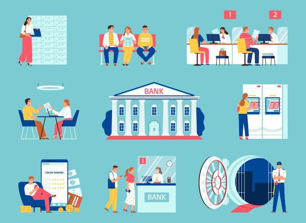 Conjunto de colores bancarios con composiciones aisladas de clientes en espera, cajeros, empleados y cajas de depósito, almacenamiento seguro, ilustración vectorial