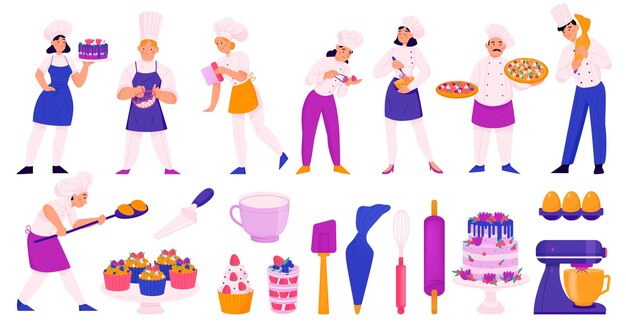 Conjunto de colores de chefs pasteleros con íconos aislados de productos dulces de utensilios de cocina y personajes de garabatos de ilustraciones vectoriales de cocineros