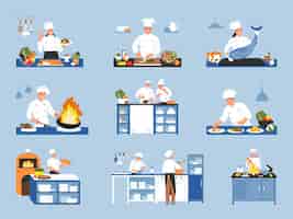 Vector gratuito conjunto de colores de cocineros de iconos aislados y composiciones de cocineros en uniforme con utensilios de cocina ilustración vectorial