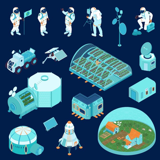 Conjunto de colores de colonización espacial con símbolos de exploración ilustración vectorial aislada isométrica