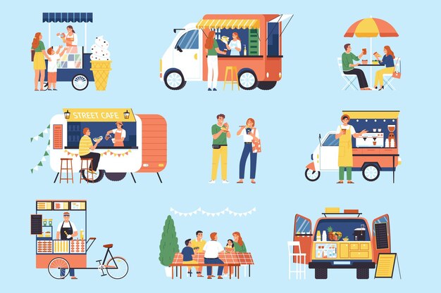 Conjunto de colores de comida callejera con composiciones aisladas de camiones de puestos de helados y remolques que venden ilustraciones de vectores de alimentos