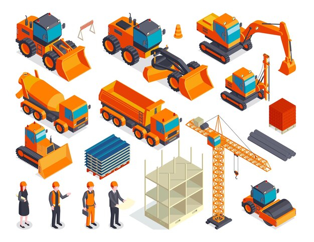 Conjunto de colores de construcción isométrica con imágenes aisladas de bulldozers camiones hormigonera y personajes de constructores ilustración vectorial