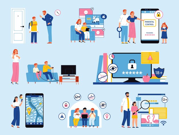 Conjunto de colores de control parental con pictogramas de iconos aislados de protección de contenido y personajes de ilustraciones vectoriales de niños adolescentes