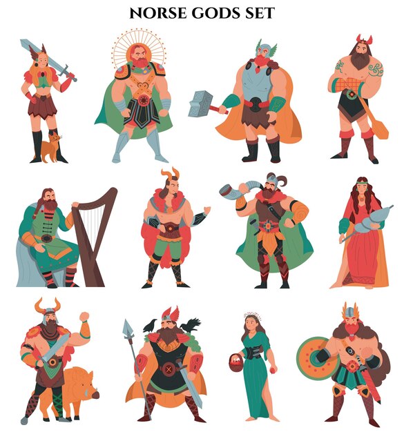 Conjunto de colores de dioses nórdicos con personajes de estilo de dibujos animados aislados de antiguas criaturas míticas en la ilustración de vector de fondo en blanco