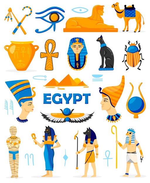 Conjunto de colores de Egipto de personajes de garabatos aislados con dioses y adoradores ropa antigua antigüedades y jeroglíficos ilustración vectorial