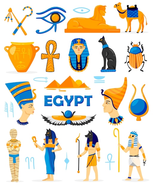 Conjunto de colores de Egipto de personajes de garabatos aislados con dioses y adoradores ropa antigua antigüedades y jeroglíficos ilustración vectorial