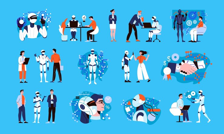 Vector gratuito conjunto de colores de inteligencia artificial con símbolos de desarrollo de robótica ilustración vectorial aislada plana