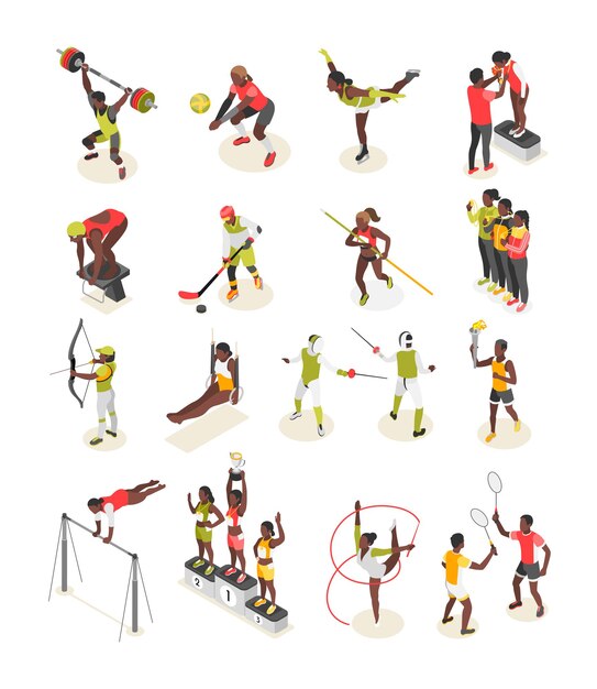 Vector gratuito conjunto de colores isométricos del día deportivo internacional de personajes humanos aislados de atletas que actúan con ilustración de vector de equipo deportivo