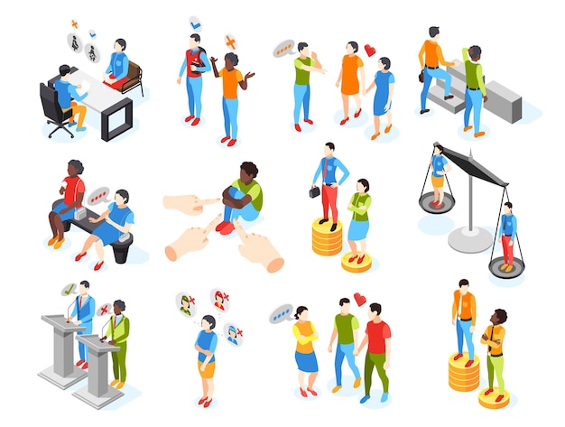 Conjunto de colores isométricos de discriminación de iconos aislados con personajes humanos en diversas situaciones de trabajo y vida ilustración vectorial
