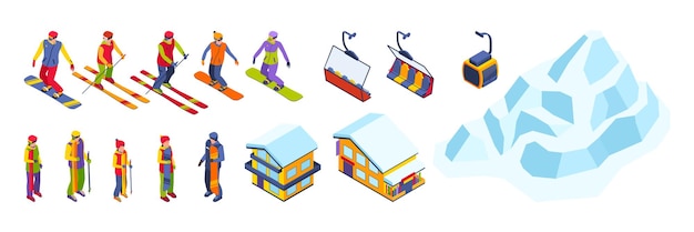 Vector gratuito conjunto de colores isométricos de la estación de esquí de personas que bajan de la montaña en esquís y tablas de snowboard ilustración vectorial aislada