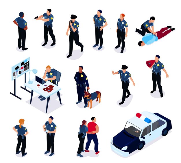 Conjunto de colores isométricos de la policía de iconos aislados con oficiales de policía, criminales, personajes de investigadores e ilustración vectorial de coches de patrulla