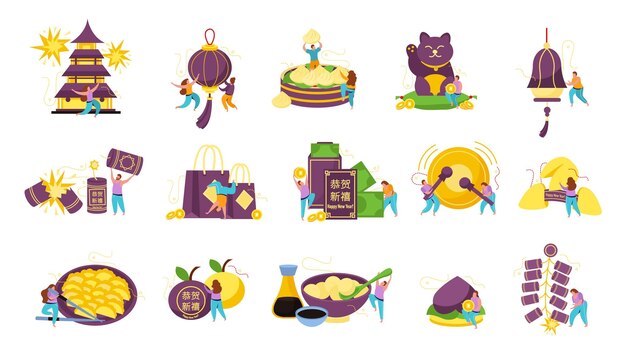 Conjunto de colores planos de año nuevo chino de iconos aislados con texto de feliz año nuevo en ilustración vectorial china
