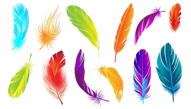 Conjunto de colores de plumas realistas con imágenes aisladas de plumas de pájaro de diferente color en la ilustración de vector de fondo en blanco
