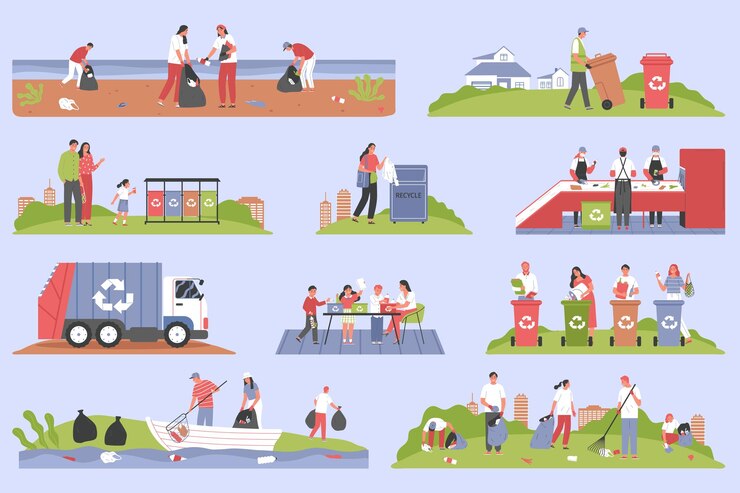 Vector gratuito conjunto de colores de reciclaje de basura de composiciones aisladas con personas que recolectan desechos con botes y camiones de saneamiento ilustración vectorial