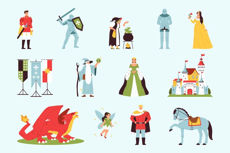 Vector gratuito el conjunto de colores del reino con símbolos de cuentos de hadas ilustración vectorial aislada plana