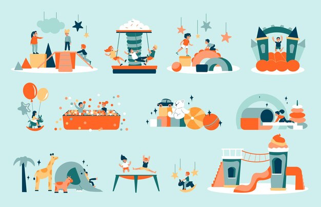 Conjunto de colores de sala de juegos para niños con composiciones aisladas de iconos con castillos de juguetes para niños y equipo de juego ilustración vectorial