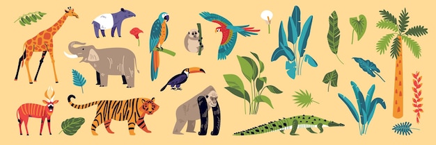 Vector gratuito conjunto de colores de la selva con íconos aislados de especies animales de flora y fauna y plantas exóticas de la selva tropical ilustración vectorial