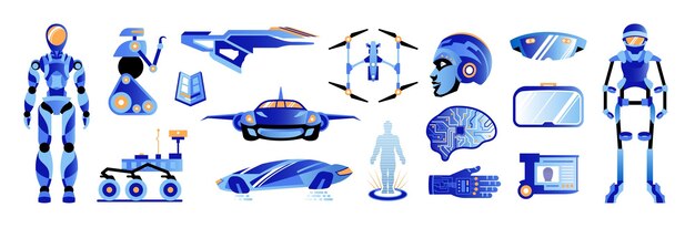 Conjunto de colores de tecnologías futuras de hologramas de planet rover guantes de realidad virtual implantes de chips droides drones iconos aislados ilustración vectorial
