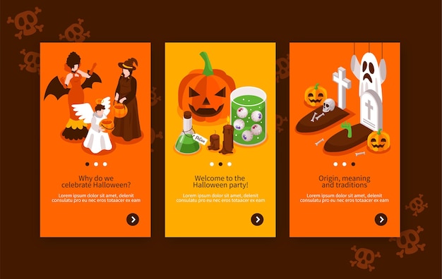 Conjunto de coloridas pancartas isométricas con elementos de fiesta de halloween tumba ángel bruja vampiro jack o lantern