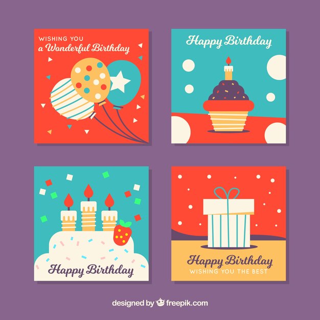 Conjunto de coloridas tarjetas de cumpleaños cuadradas en diseño plano