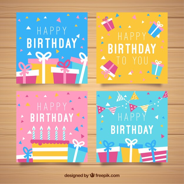 Conjunto de coloridas tarjetas de cumpleaños cuadradas en diseño plano
