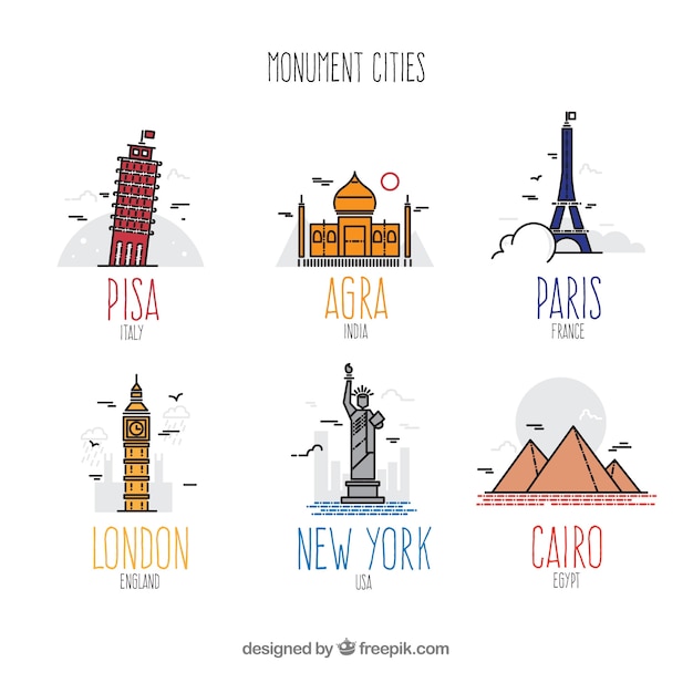 Vector gratuito conjunto colorido de ciudades monumentales