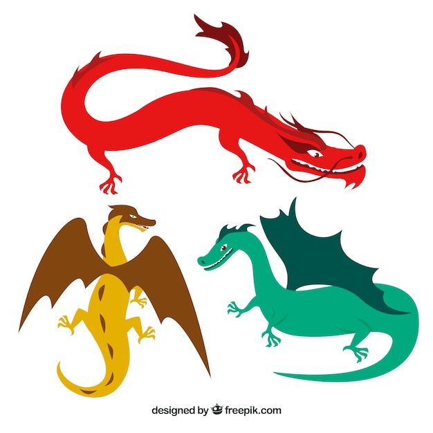 Conjunto colorido de dragones con diseño plano