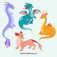 Vector gratuito conjunto colorido de dragones con diseño plano