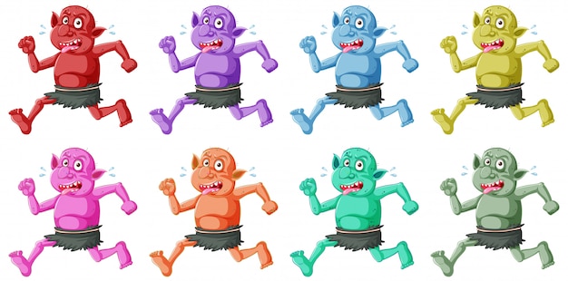 Conjunto de colorido duende o troll corriendo pose con cara divertida en personaje de dibujos animados aislado