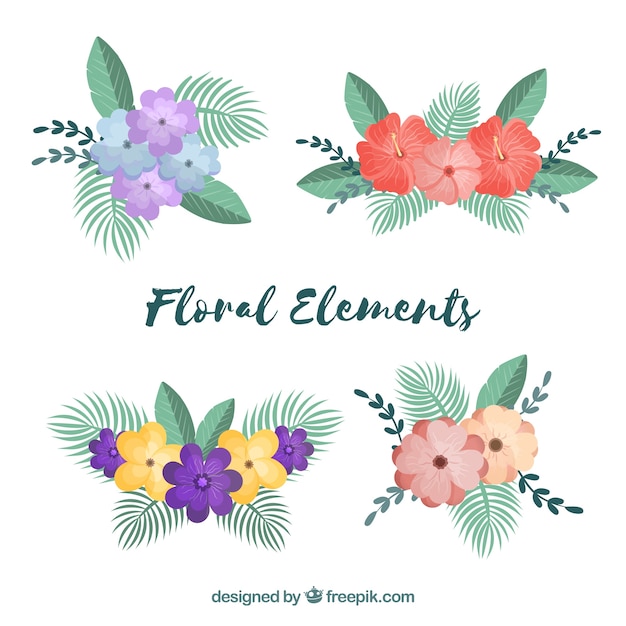 Conjunto colorido de elementos florales con diseño plano