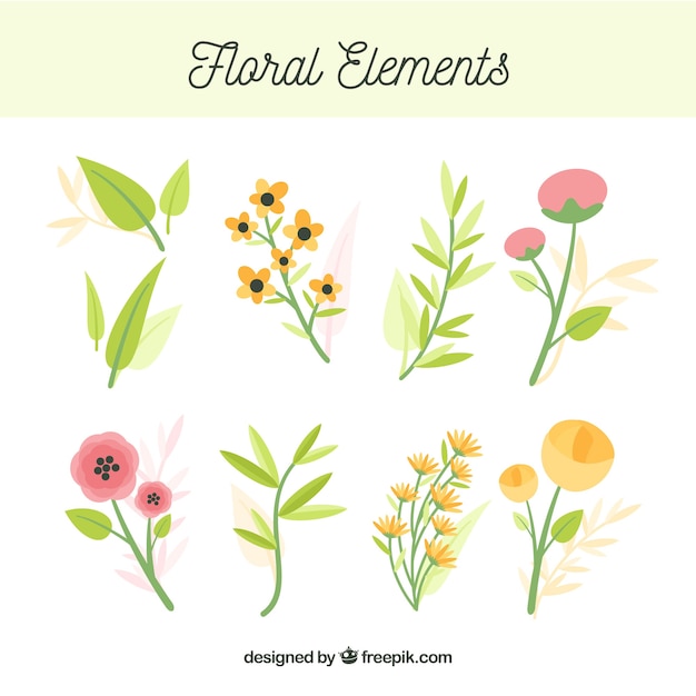 Vector gratuito conjunto colorido de elementos florales con diseño plano