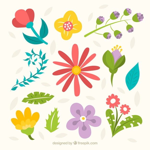 Vector gratuito conjunto colorido de elementos florales con diseño plano