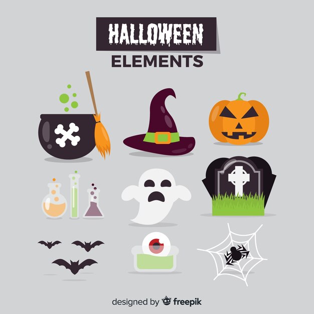 Conjunto colorido de elementos de halloween con diseño plano