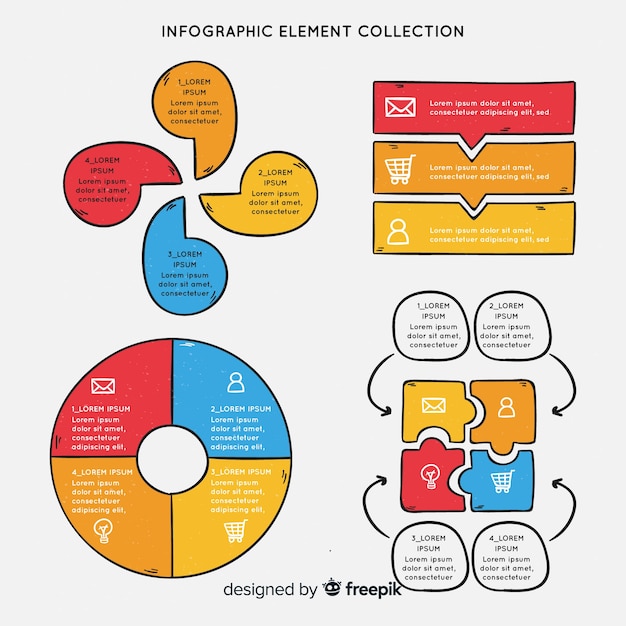 Conjunto colorido de elementos de infografía dibujados a mano
