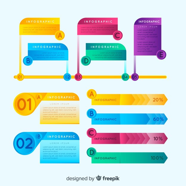 Conjunto colorido de elementos infográficos con estilo de degradado