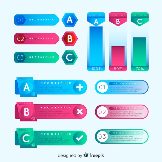 Conjunto colorido de elementos infográficos con estilo de degradado