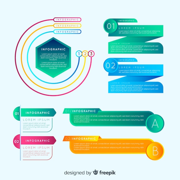 Conjunto colorido de elementos infográficos con estilo de degradado