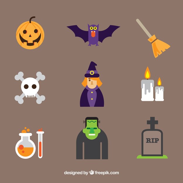 Vector gratuito conjunto colorido de elementos planos de halloween