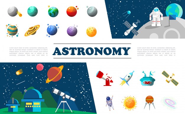 Conjunto colorido de elementos planos del universo con diferentes planetas astronauta en el espacio exterior satélite telescopio planetario nave espacial luna rover constelación del sol