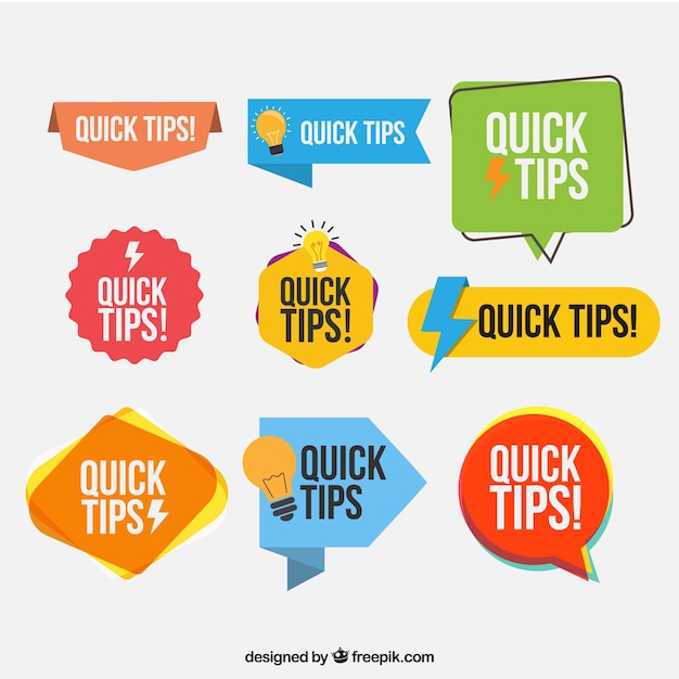 Conjunto colorido de etiquetas con consejos con diseño plano