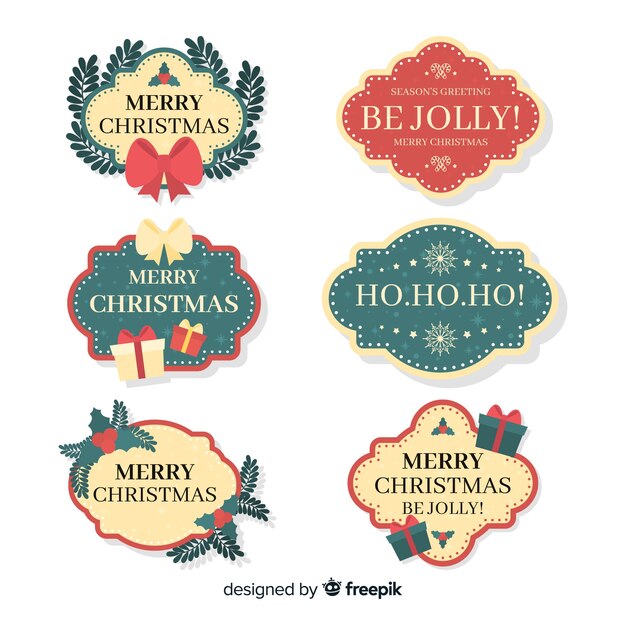 Conjunto colorido de etiquetas de navidad con diseño plano