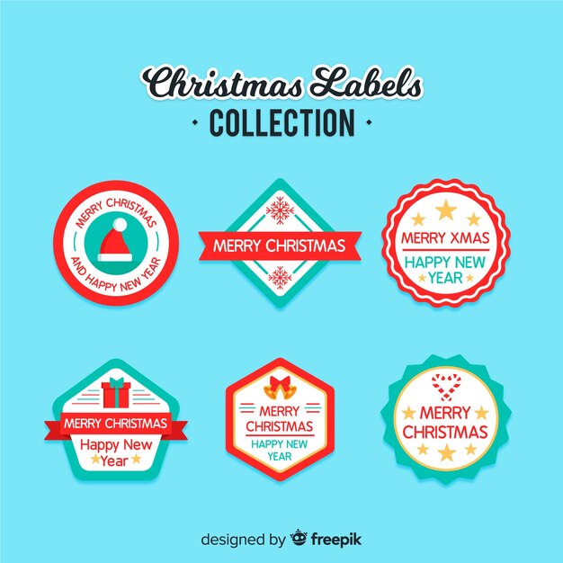 Conjunto colorido de etiquetas de navidad con diseño plano