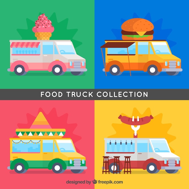 Vector gratuito conjunto colorido de food trucks planos clásicos